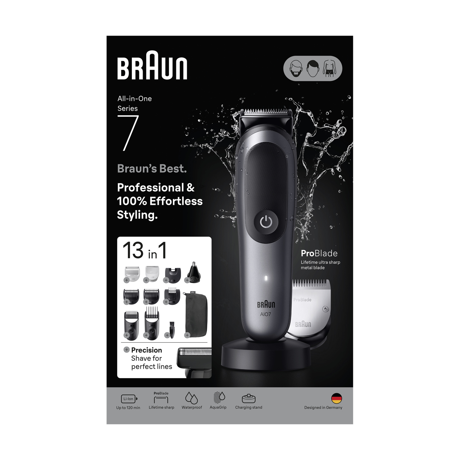 Regolabarba Braun All-in-One Series 7 con accessori su sfondo nero con schizzi d'acqua.