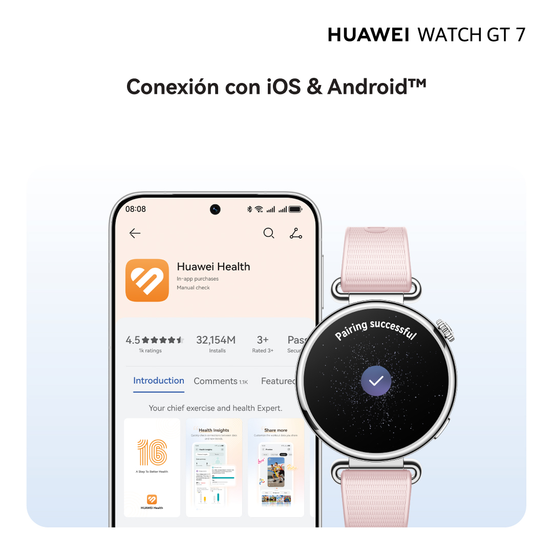 Smartphone con la app Huawei Health junto a un smartwatch que muestra emparejamiento exitoso. Conexión con IOS & Android.