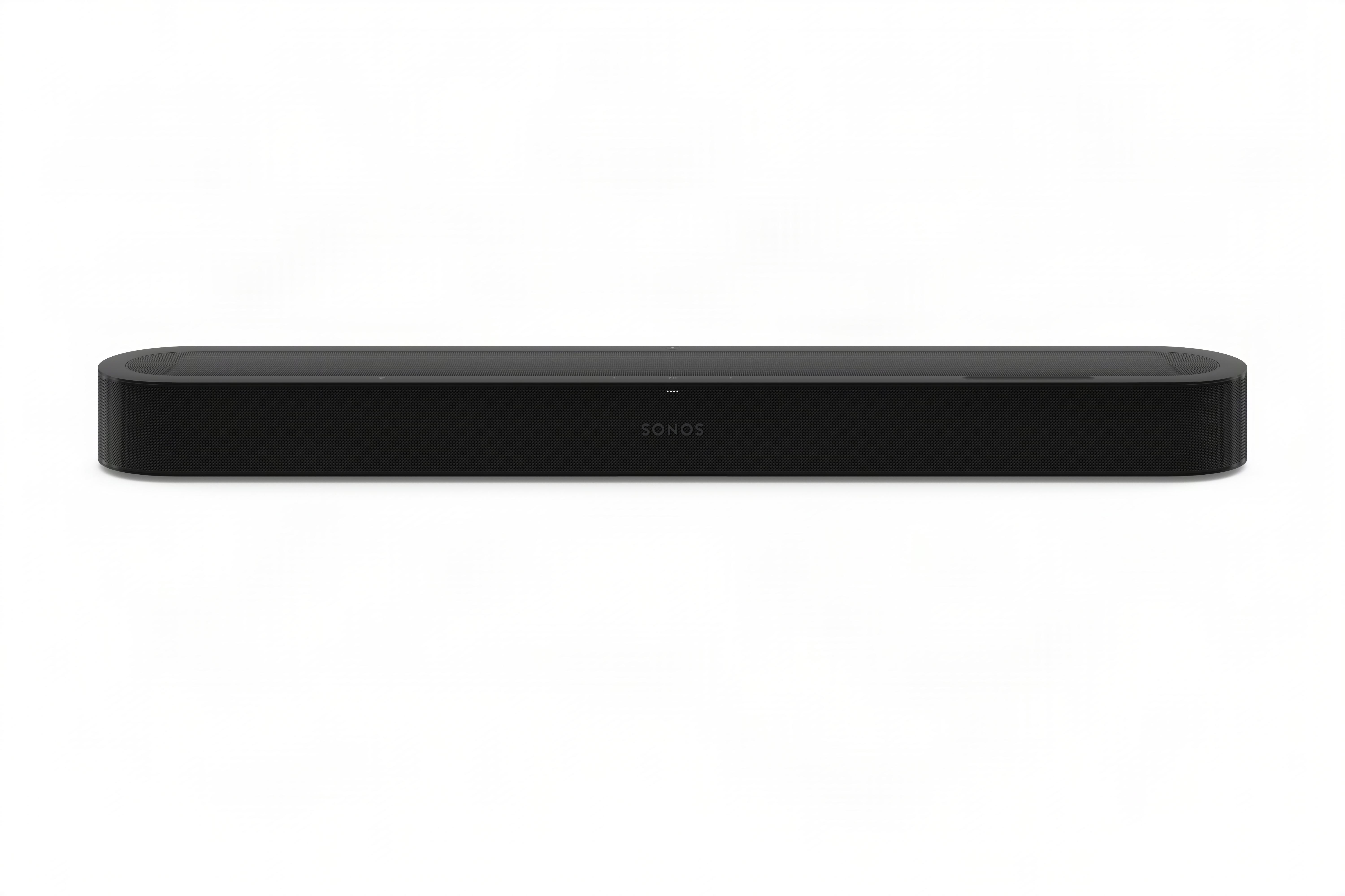 Eine schwarze Sonos-Soundbar mit abgerundeten Ecken und dem Sonos-Logo auf weißem Hintergrund.