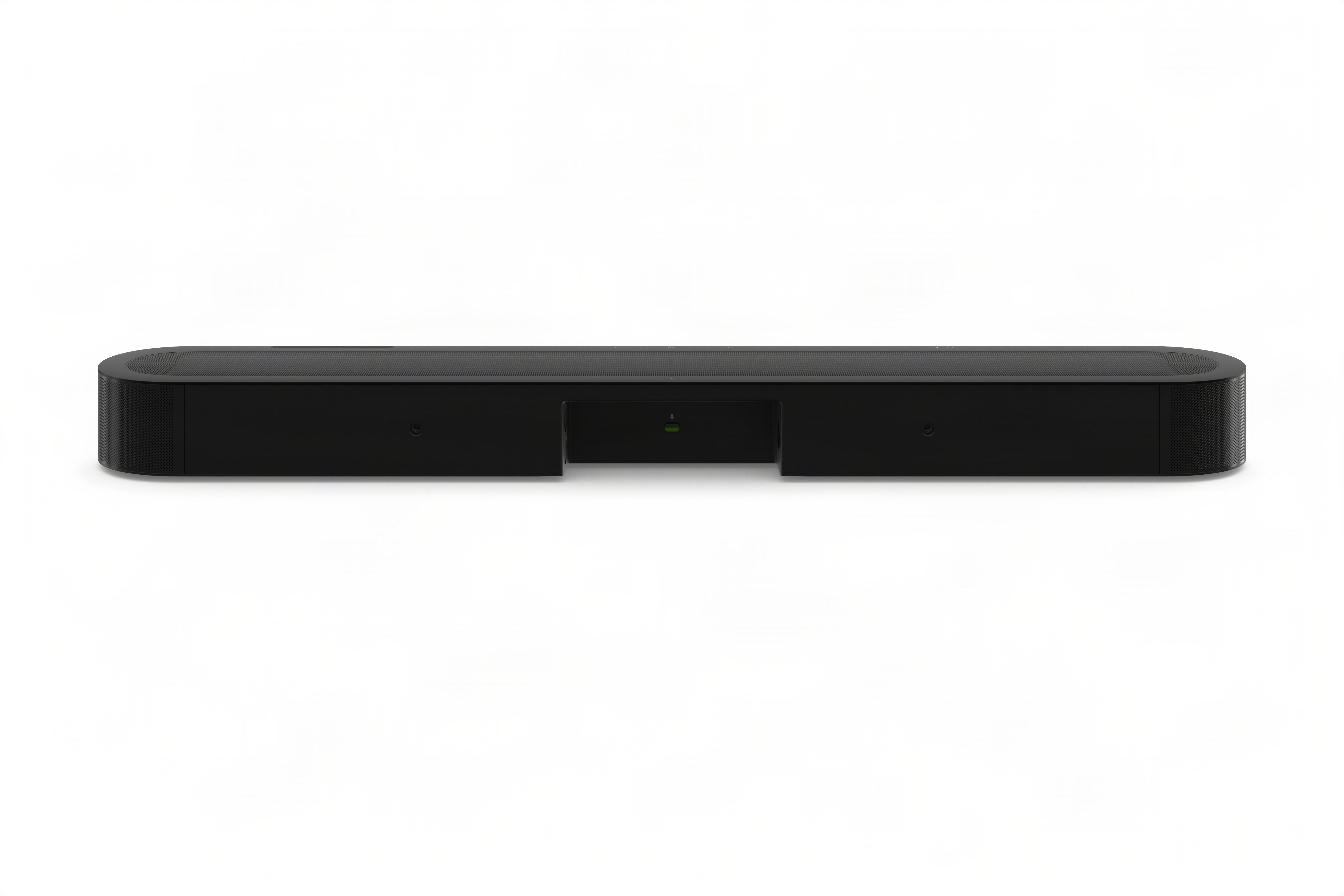 Eine lange, schwarze Soundbar vor weißem Hintergrund mit abgerundeten Ecken und zentraler grüner Anzeige.