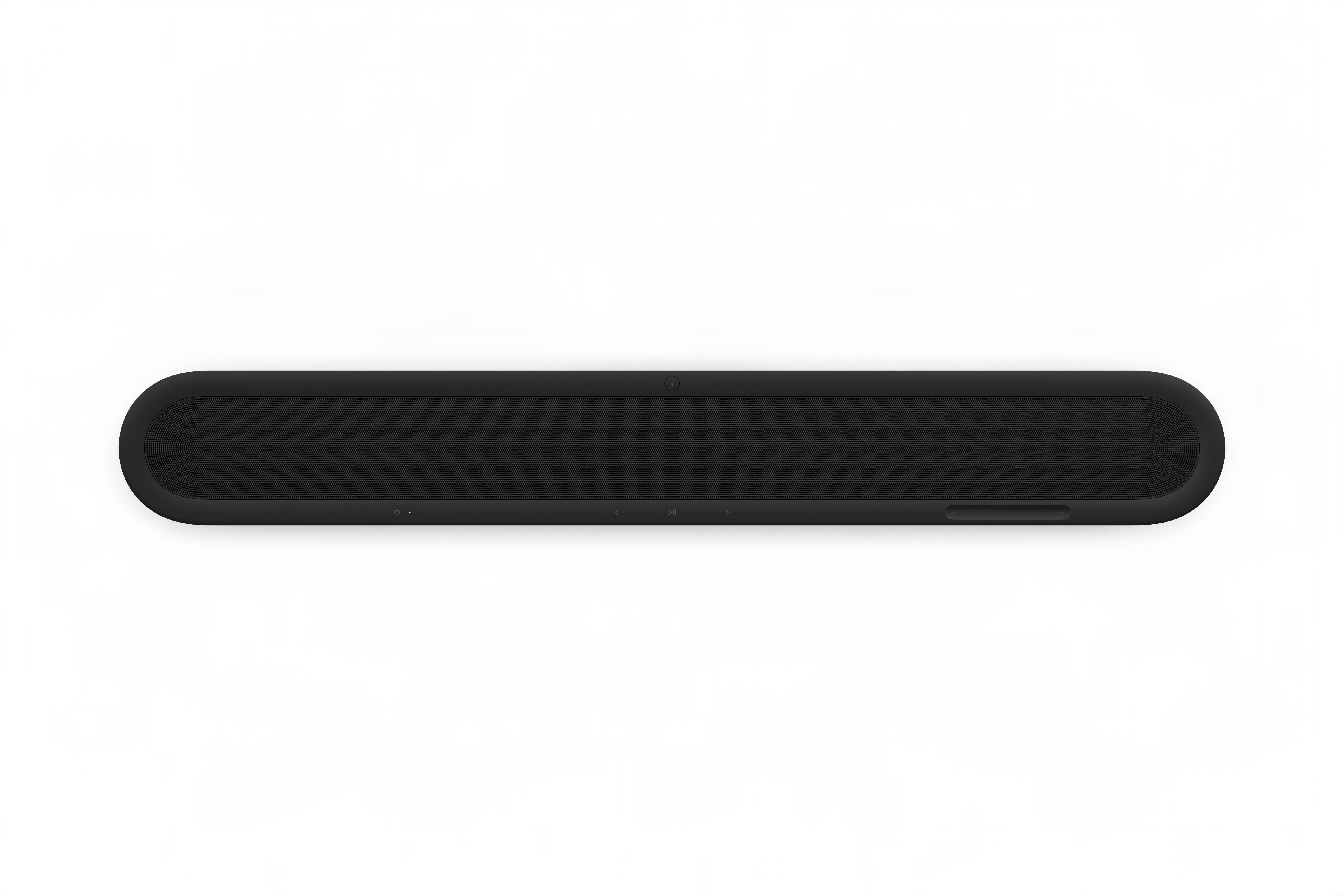 Eine lange, schwarze Soundbar mit abgerundeten Ecken und zentraler Lautsprechergitteröffnung auf weißem Hintergrund.