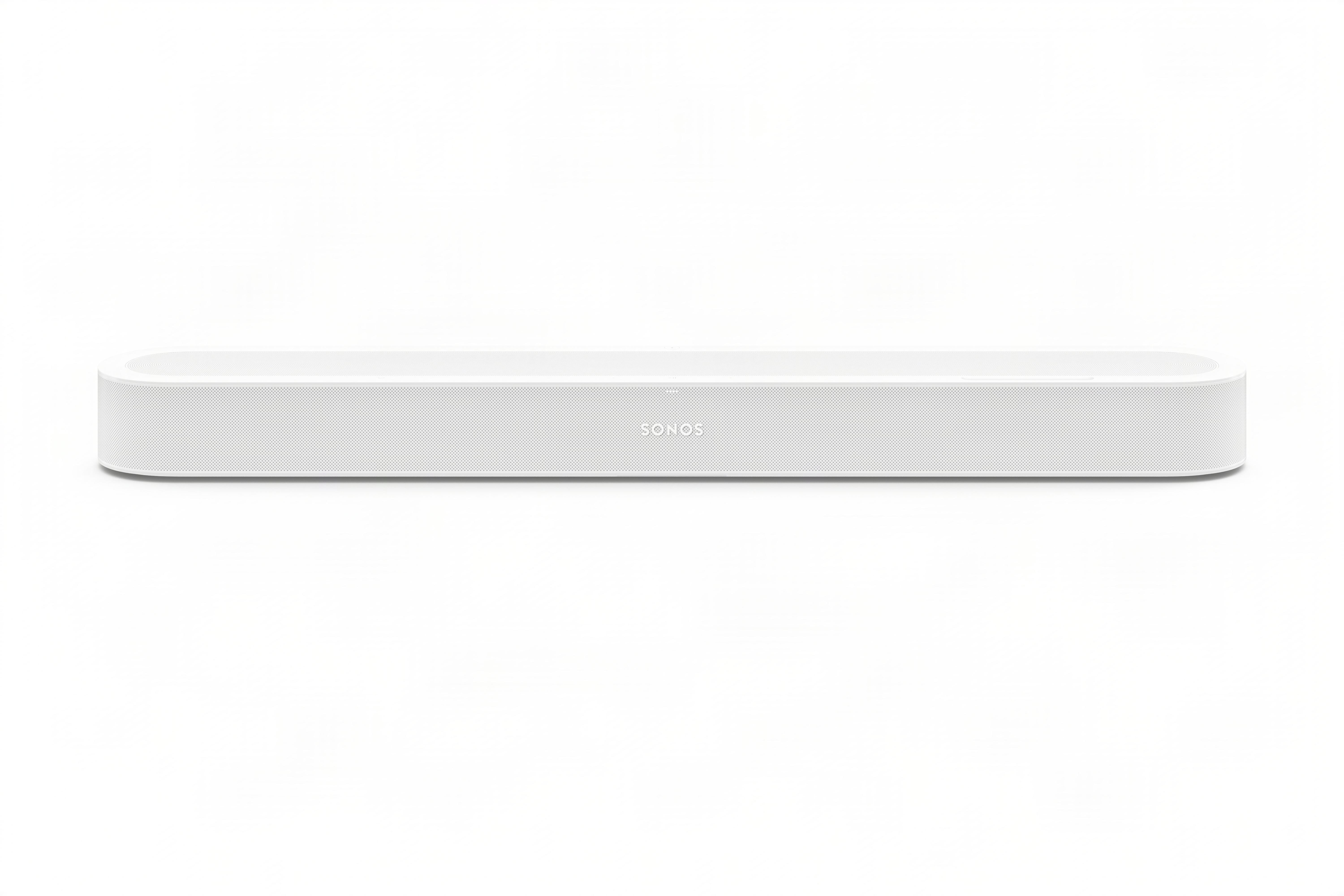 Eine weiße Sonos-Soundbar liegt waagerecht vor weißem Hintergrund.