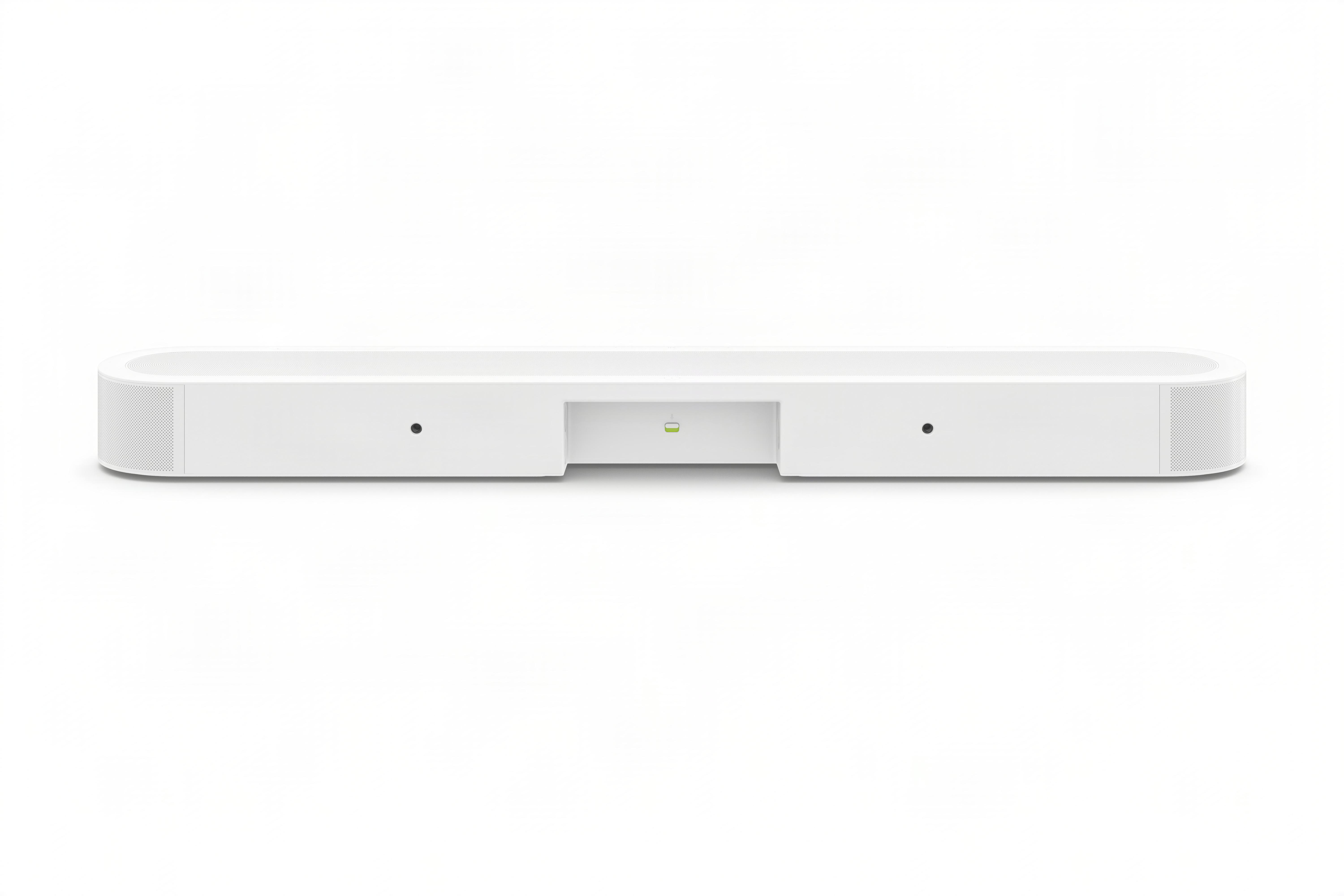 Eine lange, weiße Soundbar mit abgerundeten Ecken und einer kleinen grünen Anzeige in der Mitte auf weißem Grund.