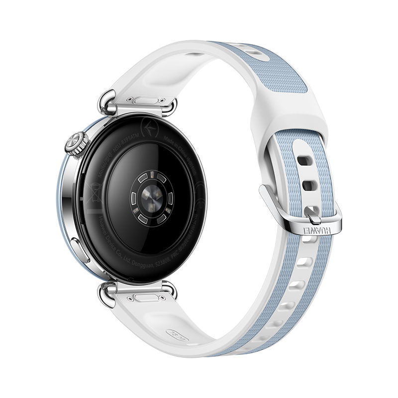 Vista posterior de un reloj inteligente con sensores y una correa blanca y azul sobre fondo blanco.