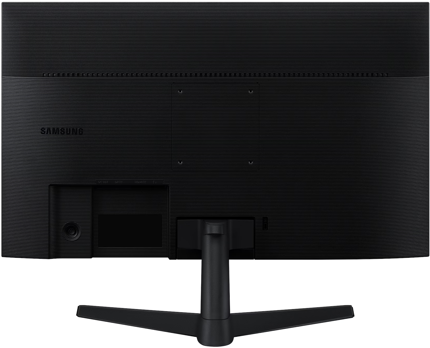 Fekete Samsung monitor hátulja texturált borítással, VESA konzollal, portokkal és Y alakú talppal.