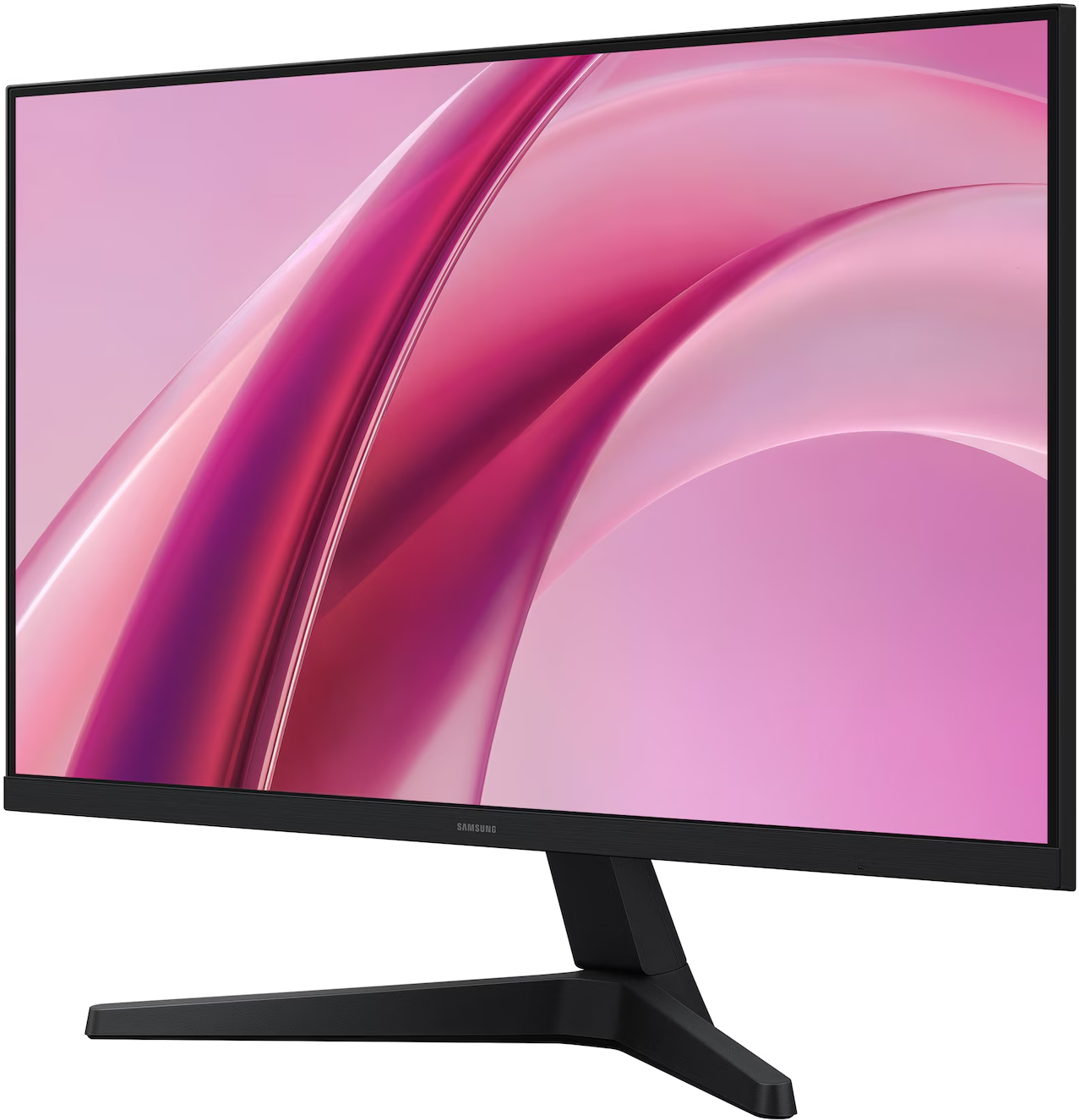 Fekete Samsung monitor absztrakt rózsaszín és magenta háttérképpel a kijelzőn.