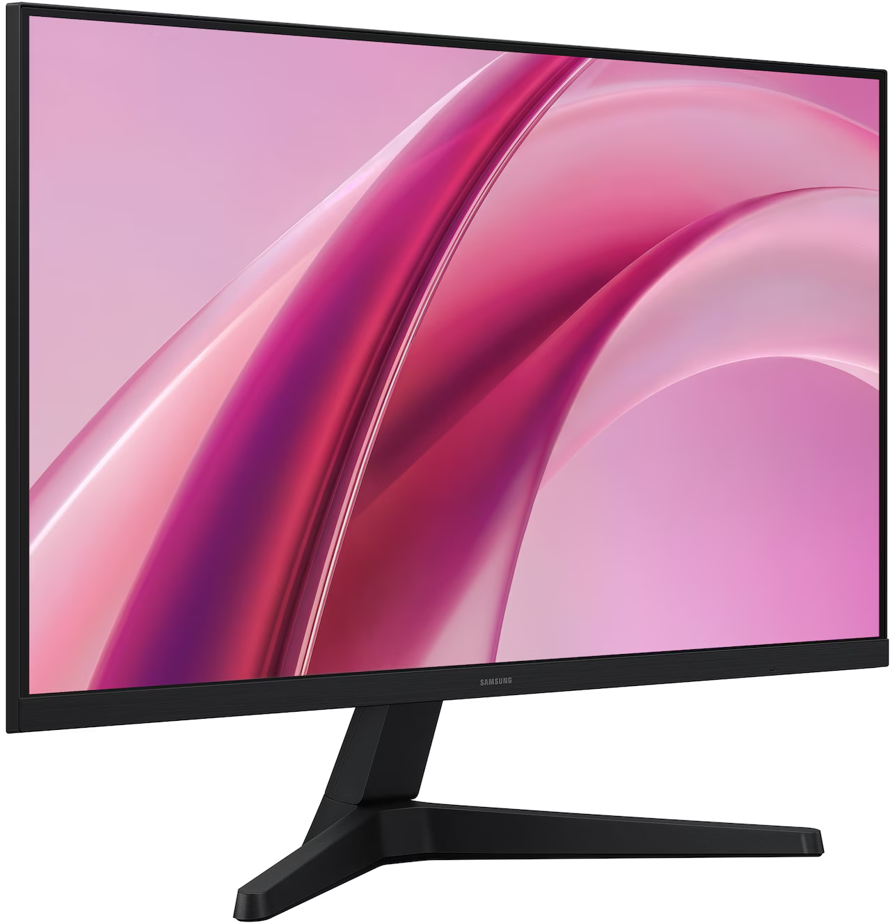 Fekete Samsung monitor állványon, absztrakt rózsaszín és lila háttérképpel.
