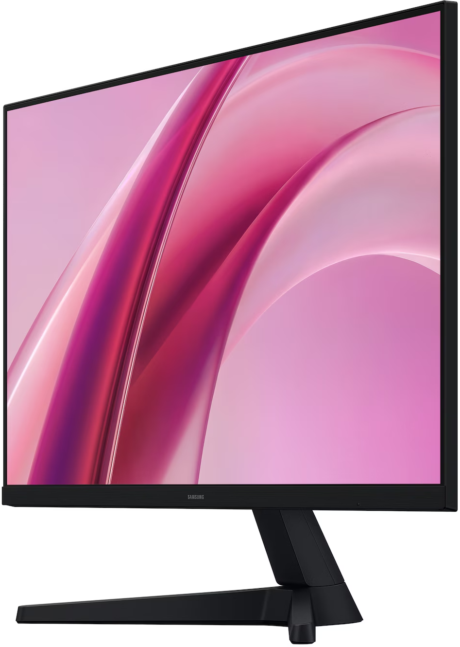 Fekete Samsung monitor fehér háttérrel, rózsaszín hullám mintával a képernyőn.