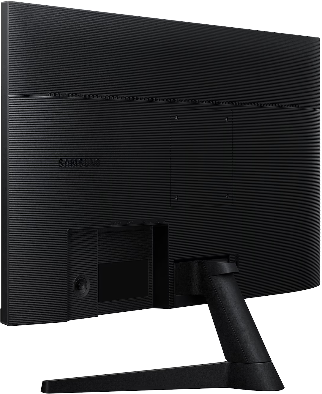 Egy fekete Samsung monitor hátoldala texturált házzal és állvánnyal.