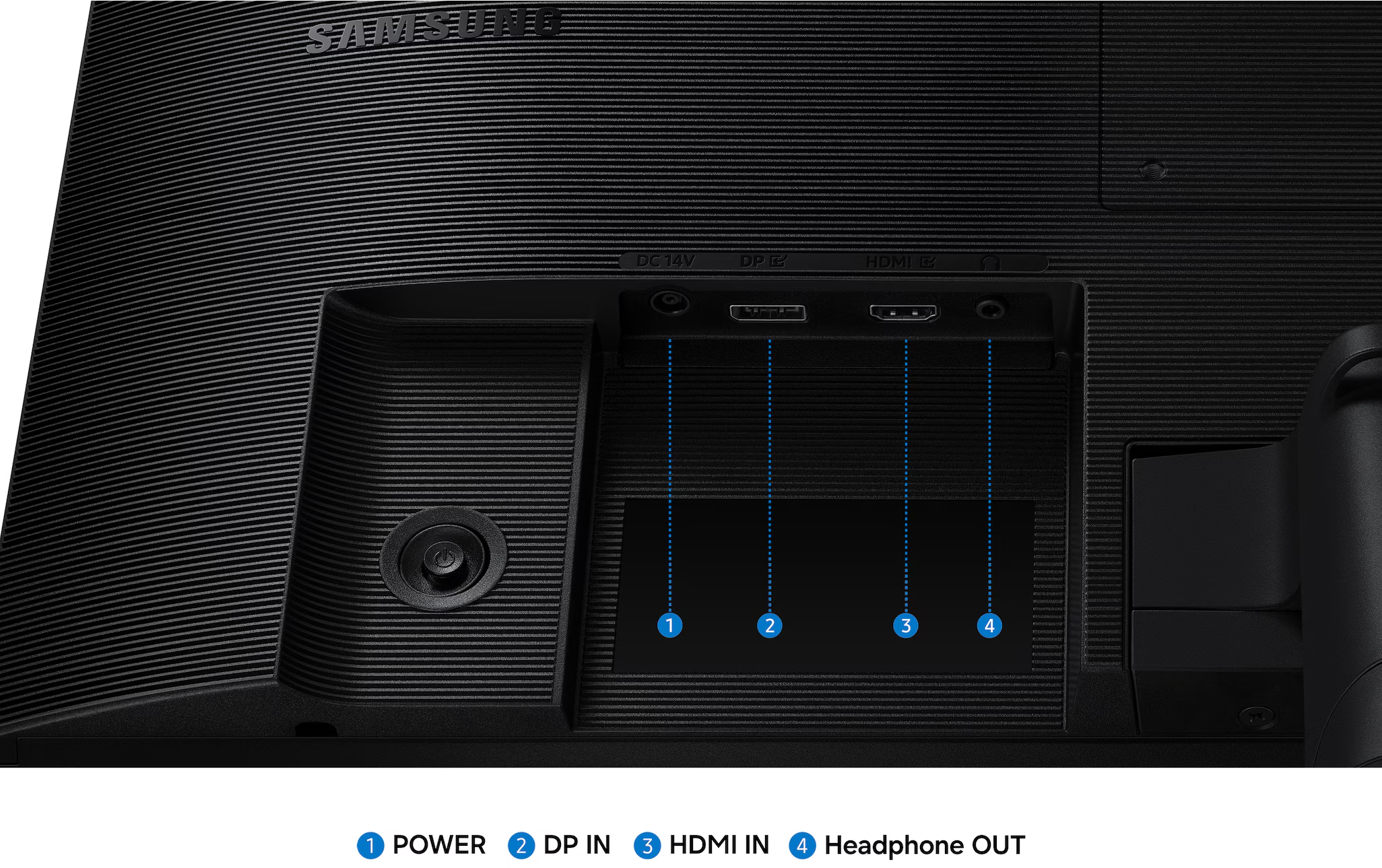 Egy Samsung monitor hátulja táp, DP, HDMI, fejhallgató portokkal és bekapcsológombbal.
