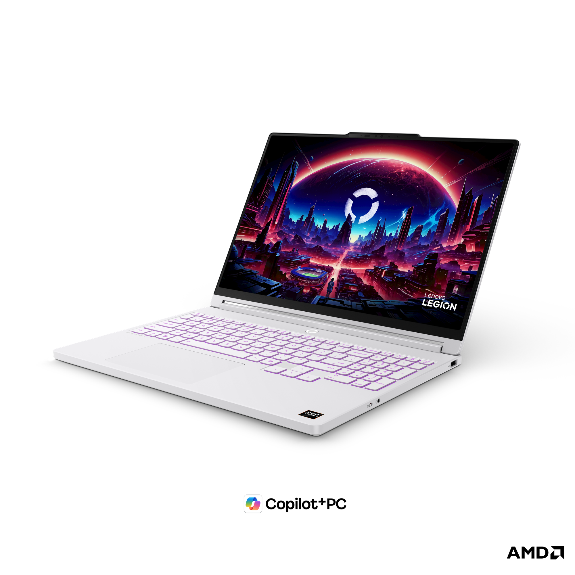 Arka aydınlatmalı klavyeye sahip beyaz bir Lenovo Legion dizüstü bilgisayar, renkli bir bilimkurgu şehir duvar kağıdı görüntülüyor.