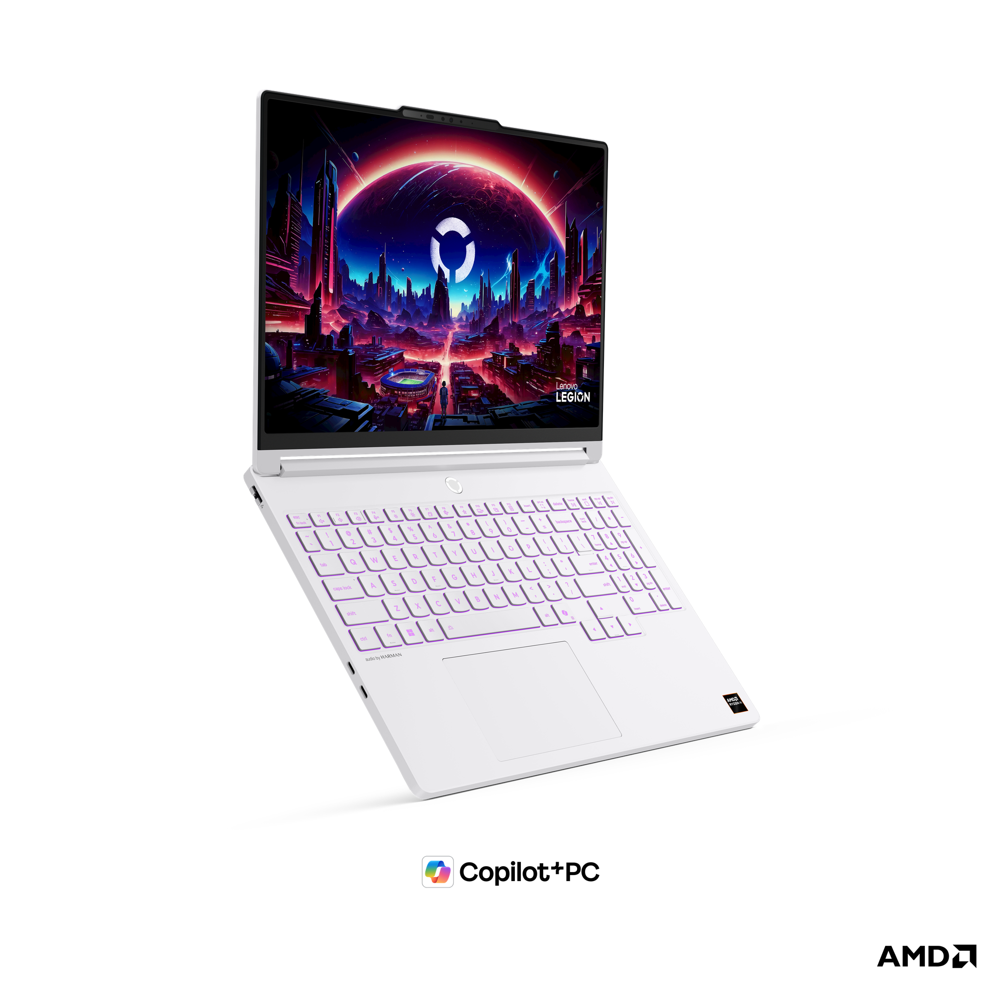 Beyaz bir Lenovo Legion dizüstü bilgisayar, ekranında kırmızı gökyüzüyle geceleri fütüristik bir şehir manzarası gösteriyor.