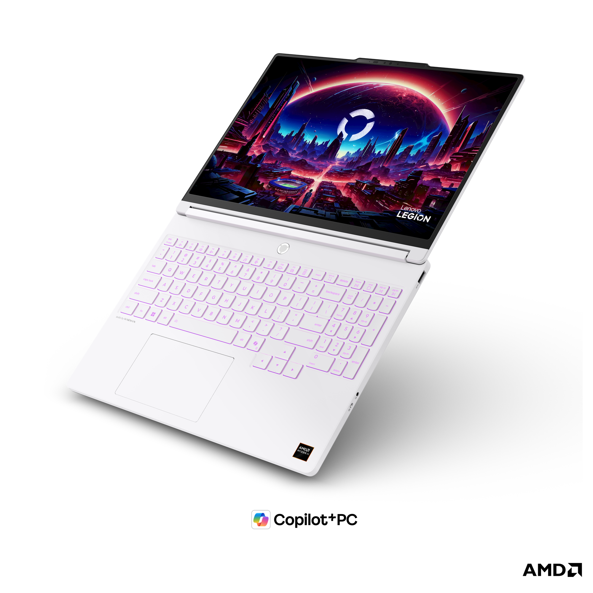 Pembe arka aydınlatmalı klavyeye ve ekranda futuristik şehir duvar kağıdına sahip beyaz bir Lenovo Legion dizüstü bilgisayar.