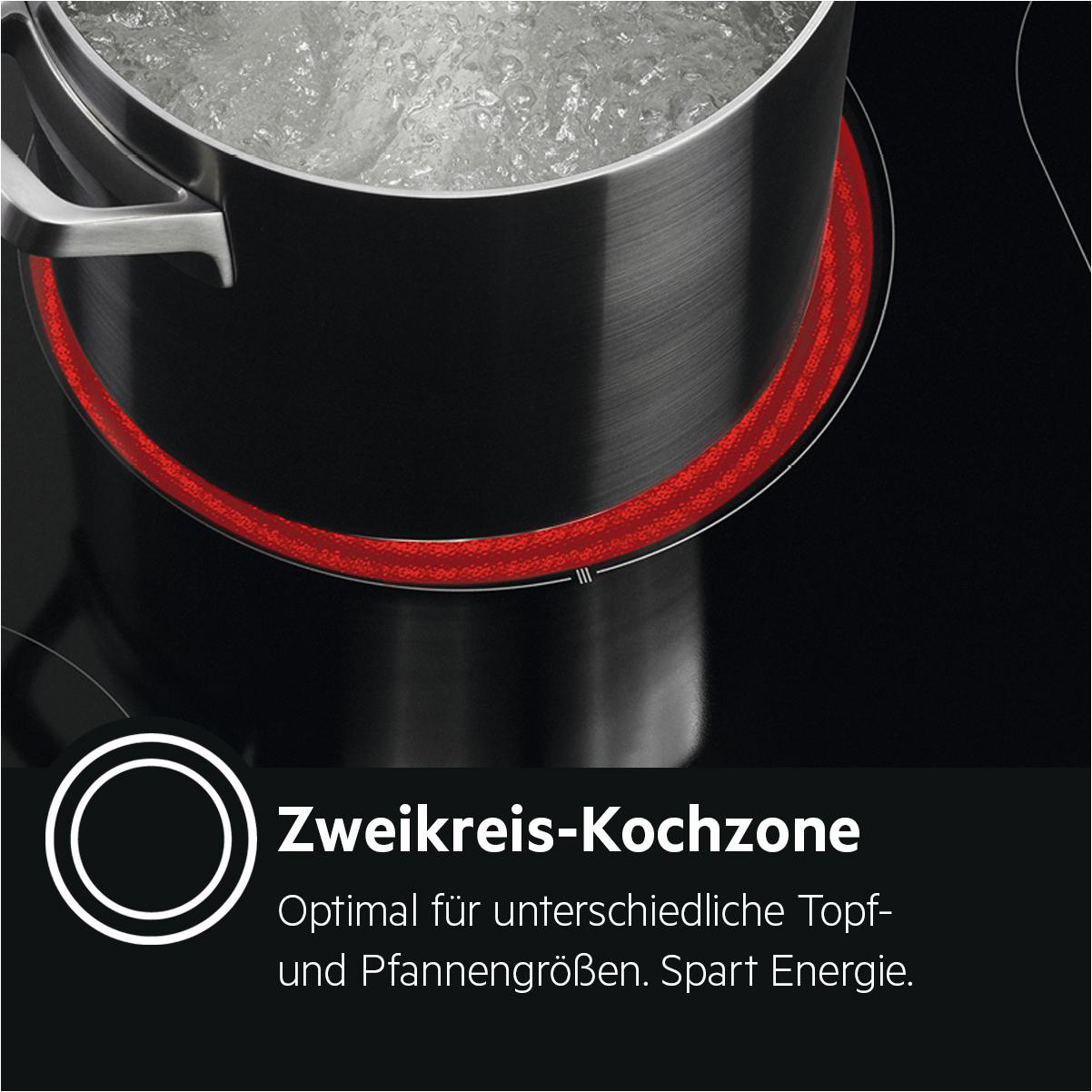 Ein Topf mit kochendem Wasser steht auf einer rot glühenden Zweikreis-Kochzone.