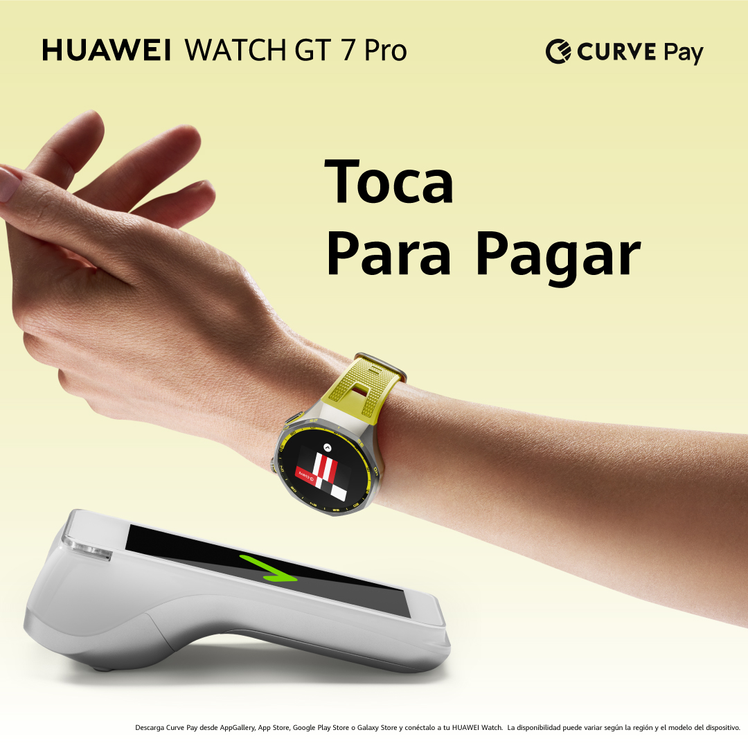 Muñeca con Huawei Watch GT 7 Pro acercándose a un datáfono, logo de Curve Pay arriba a la derecha."Toca para pagar".