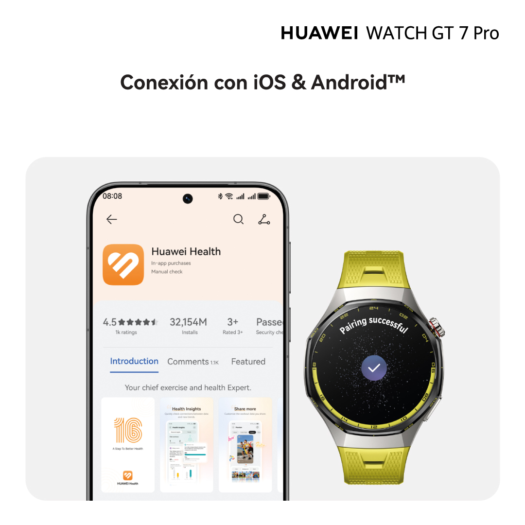 Smartphone con la app Huawei Health junto a un smartwatch con emparejamiento exitoso. Conexión con IOS & Android.