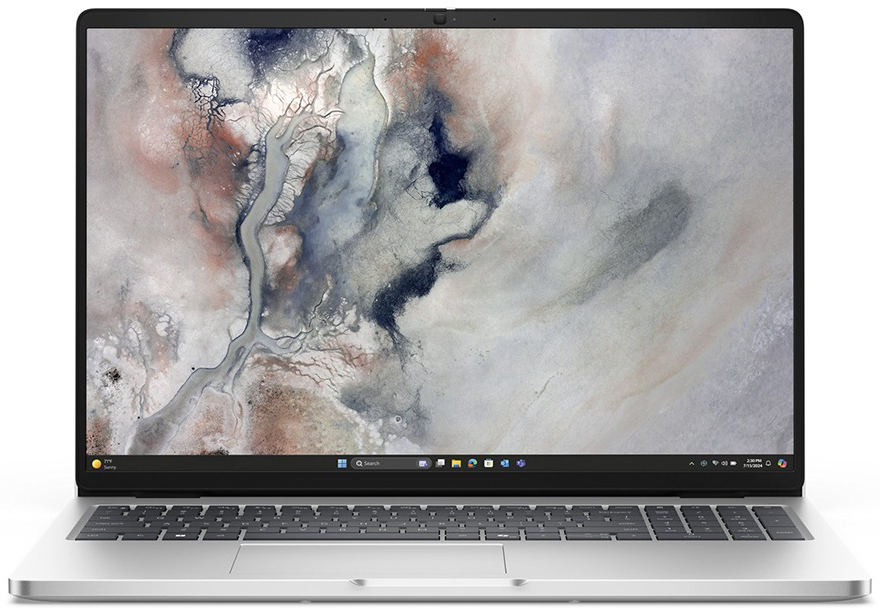 Elölnézet egy ezüst laptopról, amelynek képernyőjén egy absztrakt földszínű háttérkép látható.