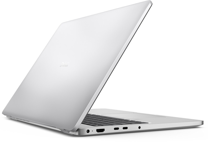 Ezüst színű Dell laptop fehér háttérrel, oldalra nyitva, látható csatlakozókkal.