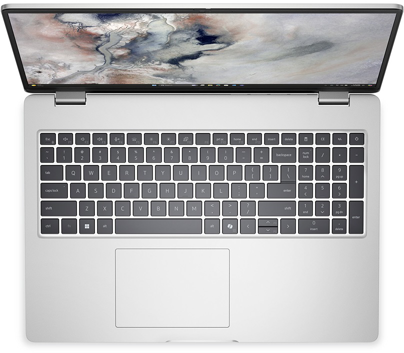 Felülnézet ezüst laptop billentyűzettel, érintőpaddal és képernyővel.