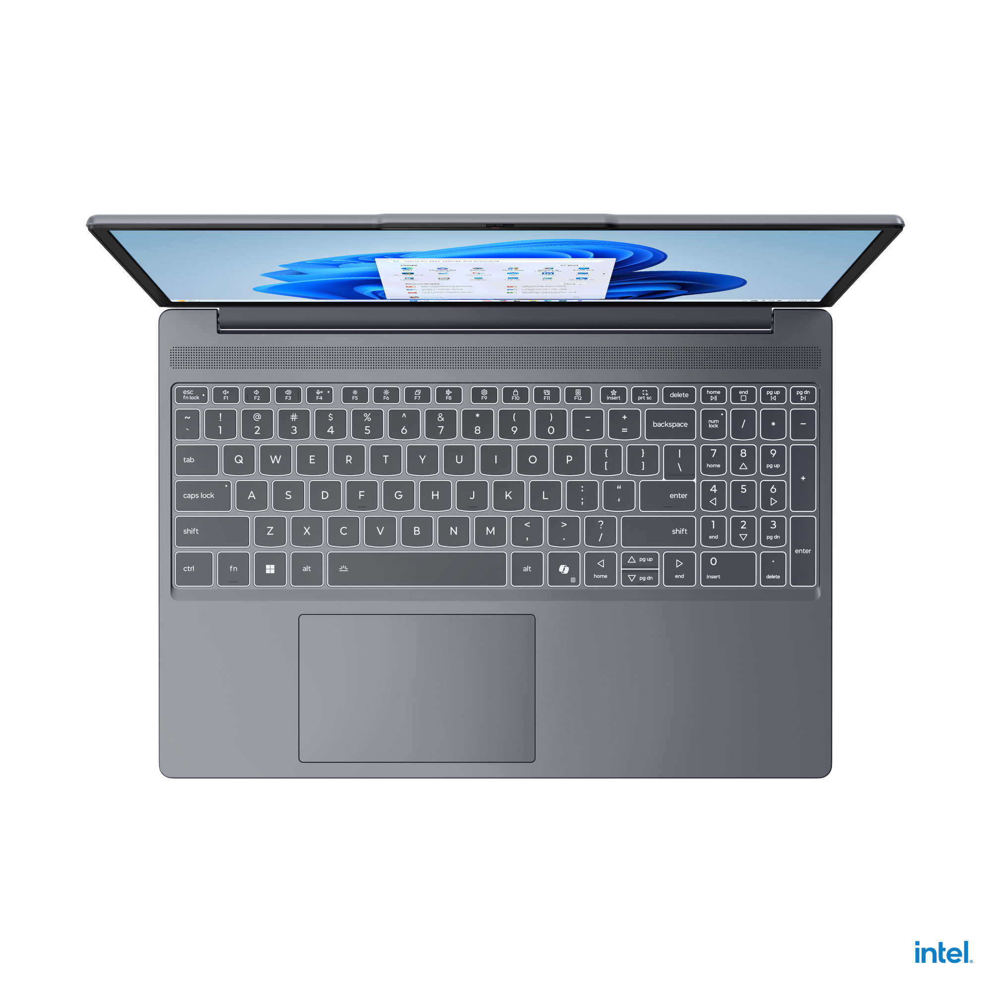 Siyah arka plan üzerinde arkadan aydınlatmalı klavyeye, izleme dörtgenine ve mavi Windows ekranına sahip gri dizüstü bilgisayar.