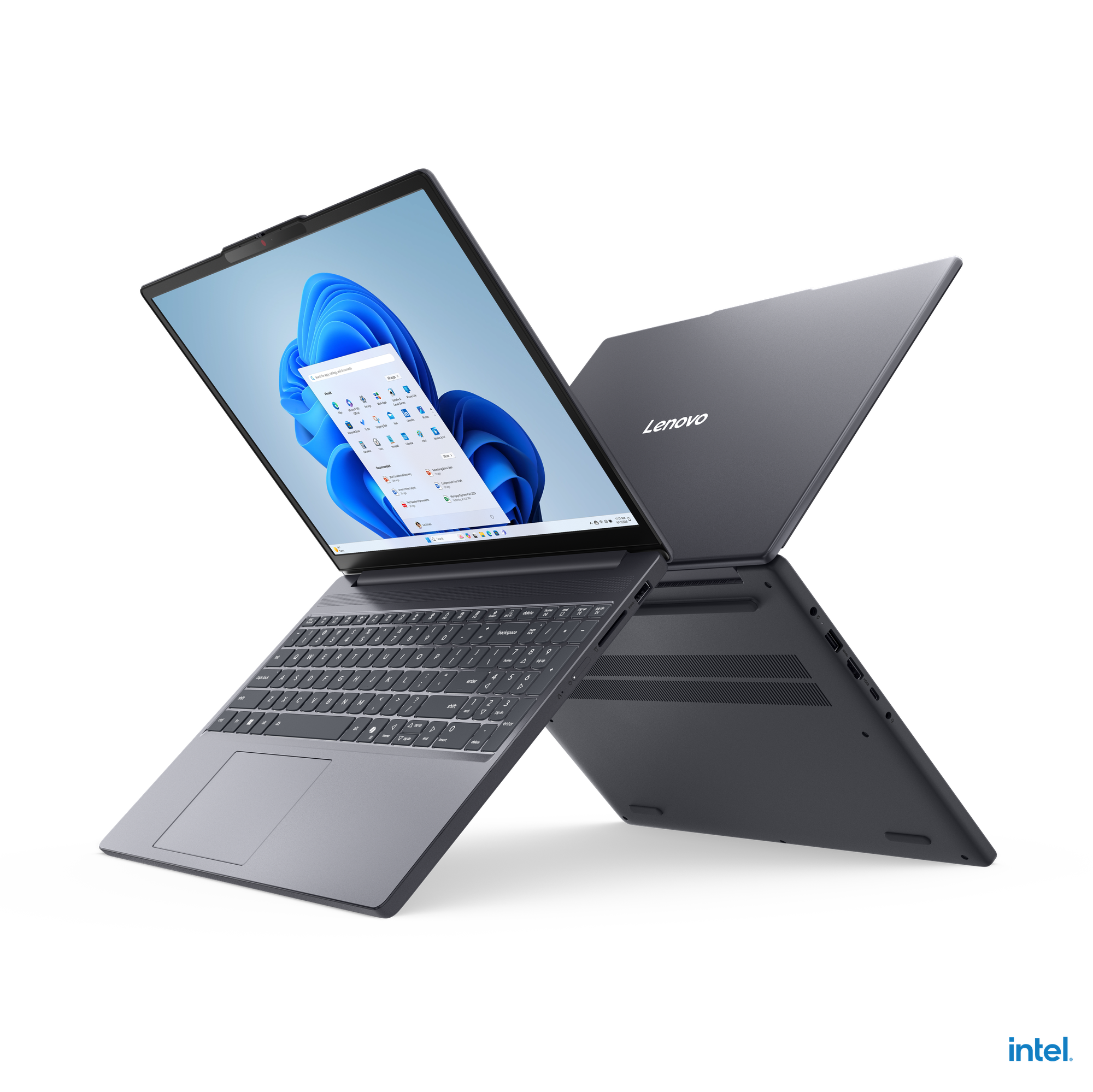 Siyah arka plan önünde iki gri Lenovo dizüstü bilgisayar, biri mavi ekranlı açık, diğeri kapalı.