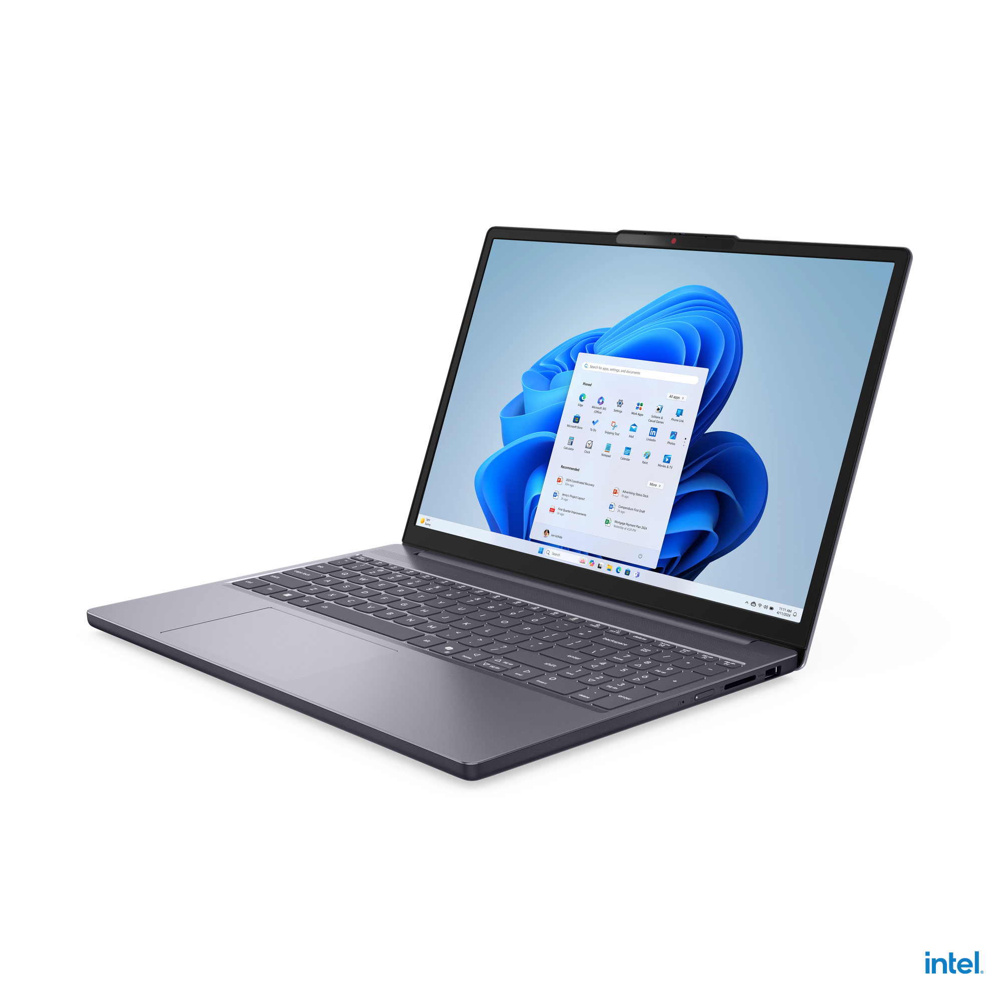 Siyah arka planda açılı duran gri dizüstü bilgisayar, açık başlat menüsü ve mavi duvar kağıdı olan Windows 11 masaüstü.