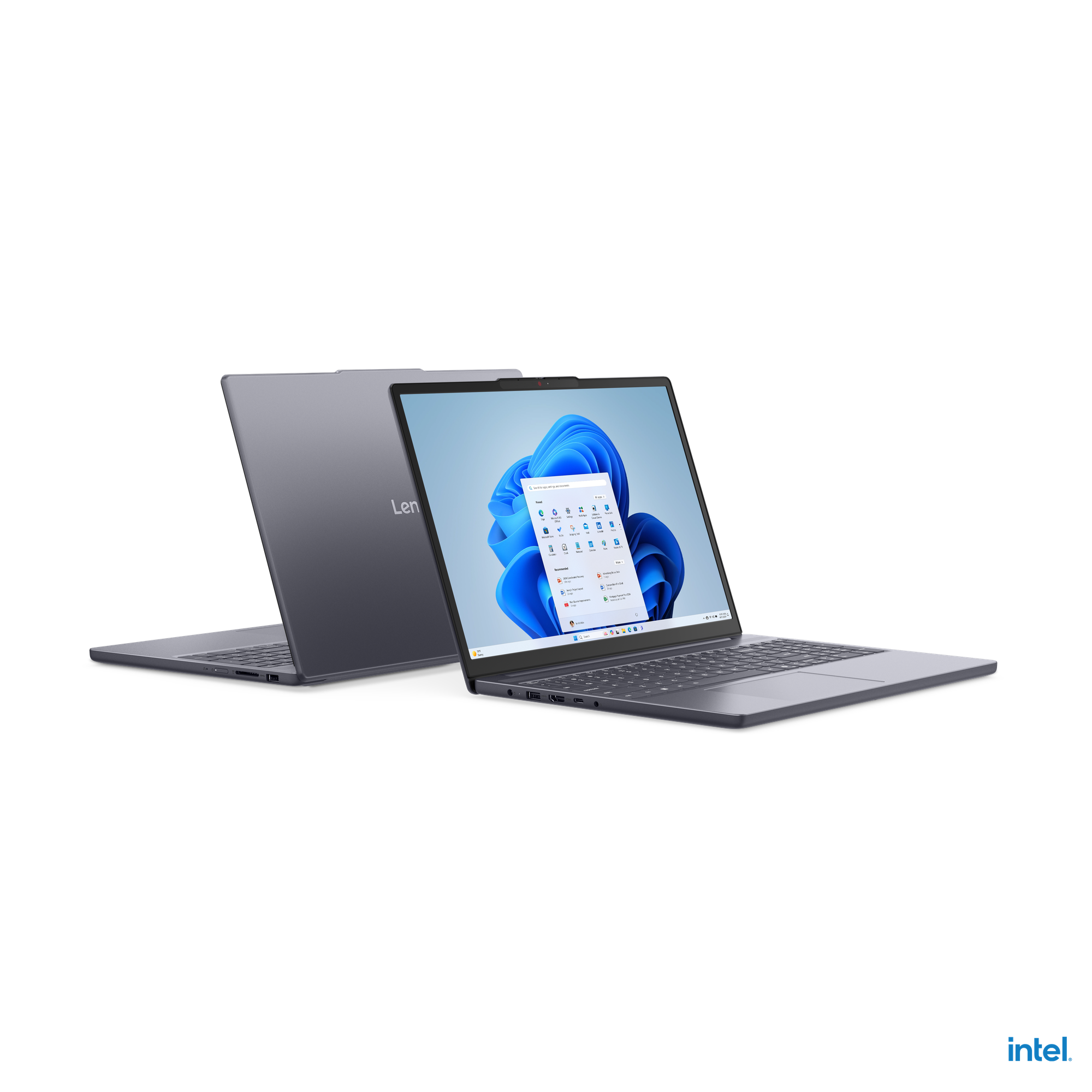 Siyah arka plan önünde iki gümüş renkli Lenovo dizüstü bilgisayar, biri açık ve mavi ekranlı.