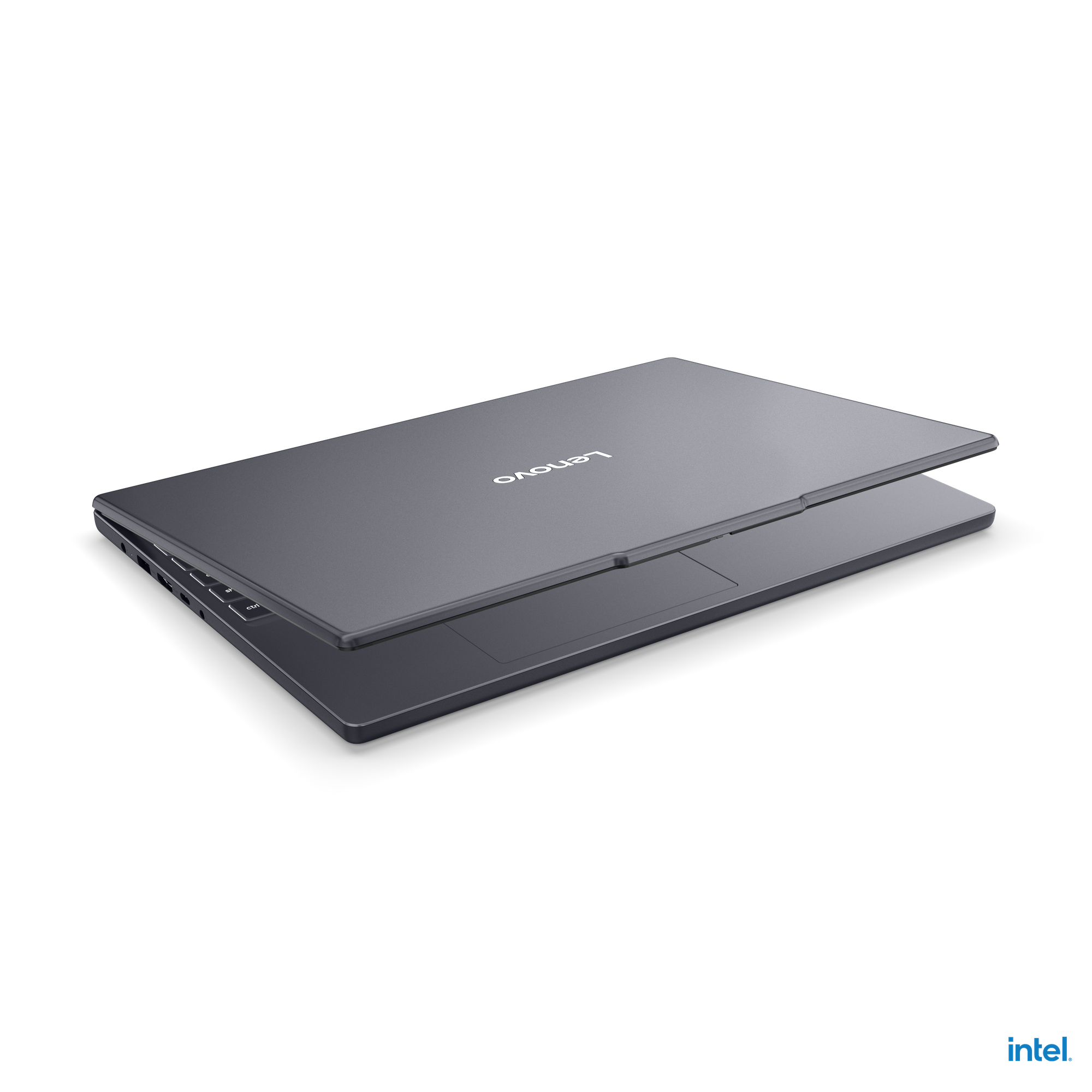 Siyah arka plan üzerinde Intel logolu kapalı gri bir Lenovo dizüstü bilgisayar.