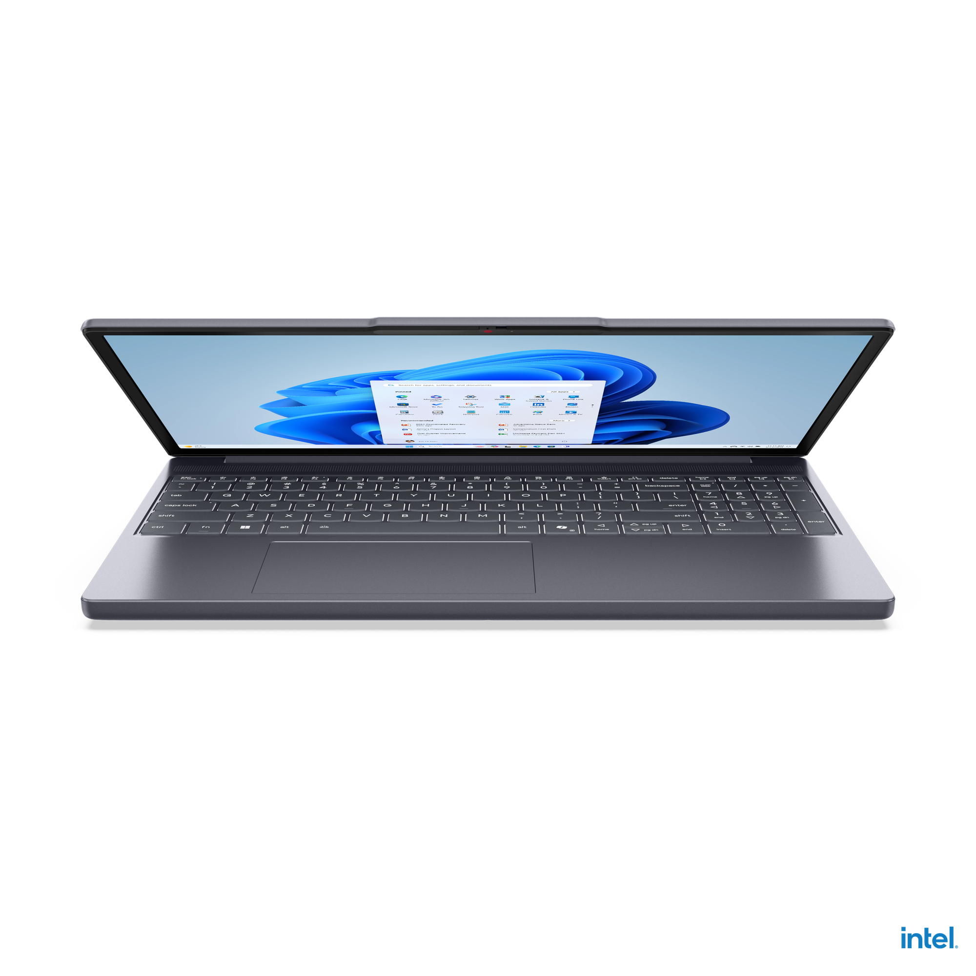 Açık ekrana sahip gri bir dizüstü bilgisayar, siyah arka planda Windows 11'i gösterir.