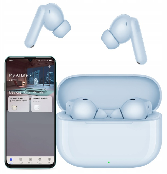 Niebieskie słuchawki bezprzewodowe, etui ładujące i smartfon z aplikacją.