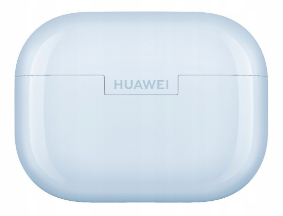 Jasnoniebieskie etui ładujące słuchawki Huawei z zaokrąglonymi rogami na białym tle.
