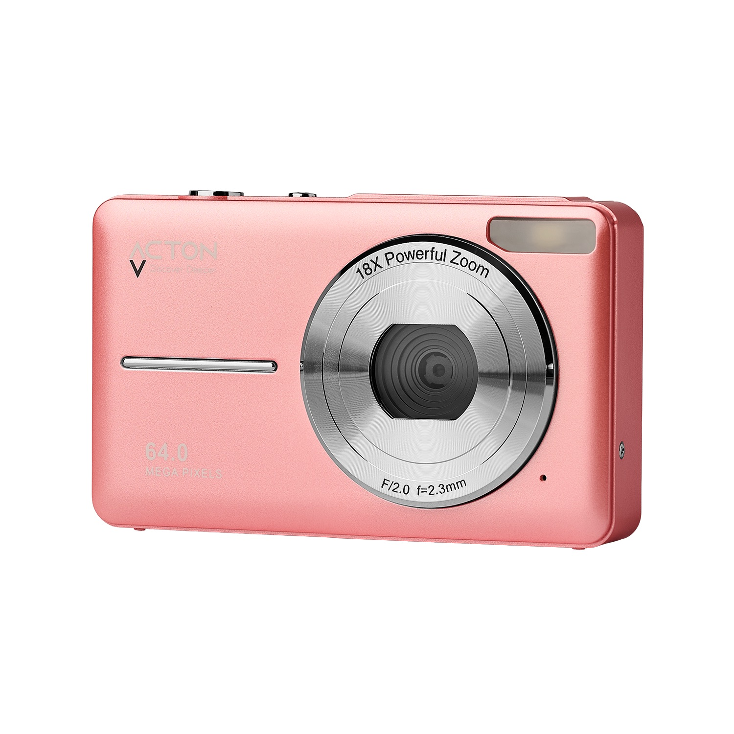 Beyaz arka planda gümüş zoom lensli ve flaşlı kompakt pembe dijital kamera.