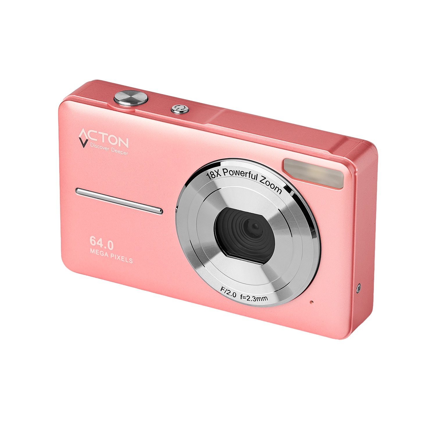 Gümüş lensli, önünde 64.0 Mega Pixels yazısı bulunan kompakt pembe dijital kamera, beyaz arka planda.