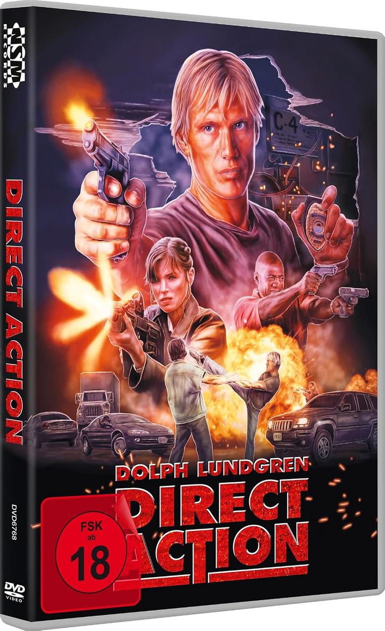 DVD-Cover von Direct Action mit Dolph Lundgren, der eine Waffe hält, umgeben von explosionsartiger Action.