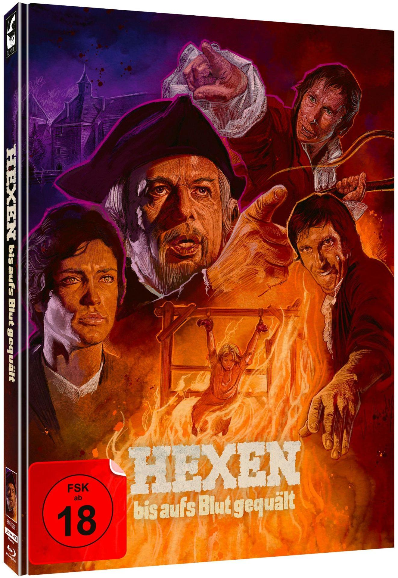 Filmcover von Hexen bis aufs Blut gequält mit Figuren, brennendem Scheiterhaufen und rotem FSK-18-Logo.