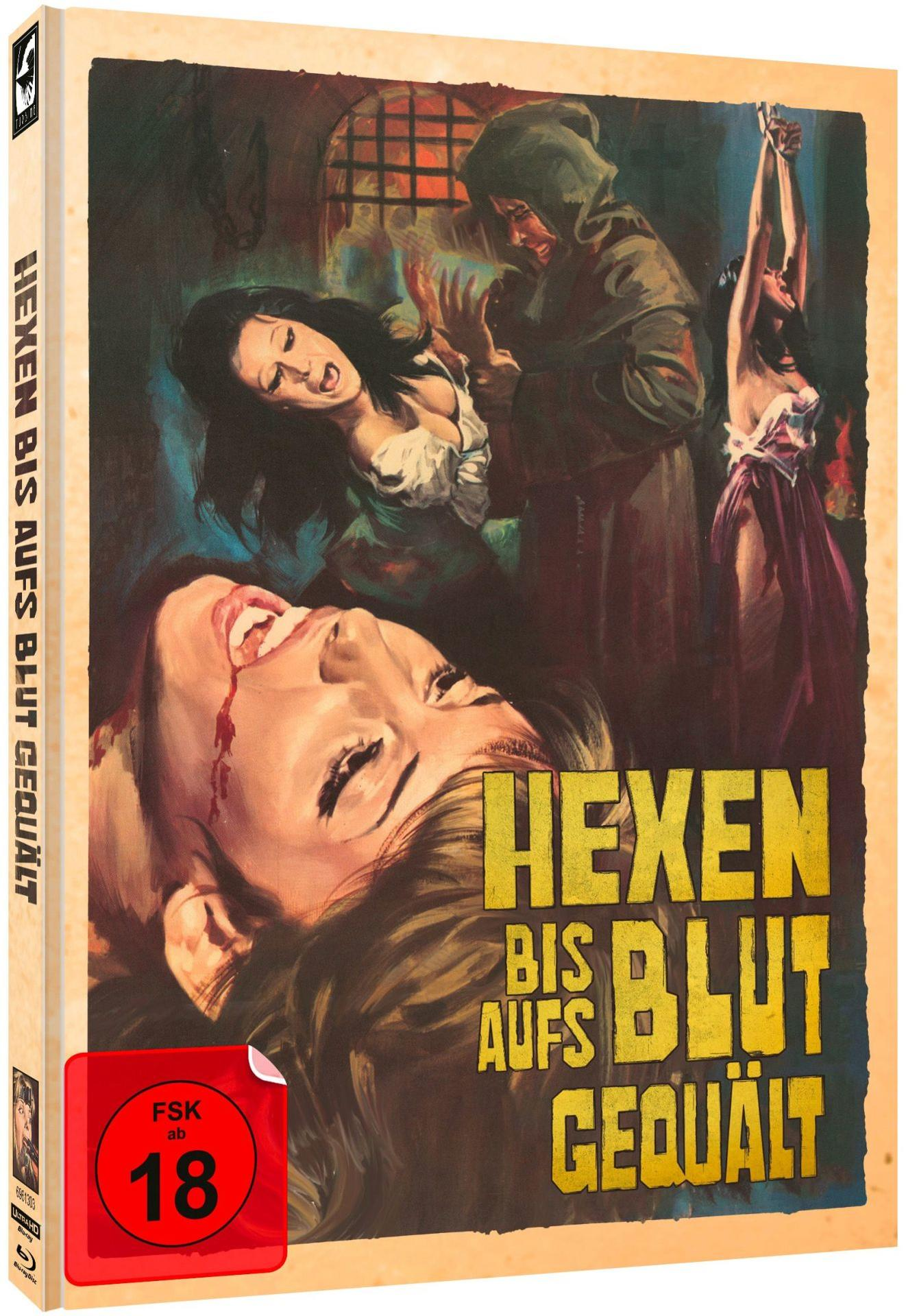 Filmcover von Hexen bis aufs Blut gequält mit düsterer Folterszene und Frau mit blutigem Mund.