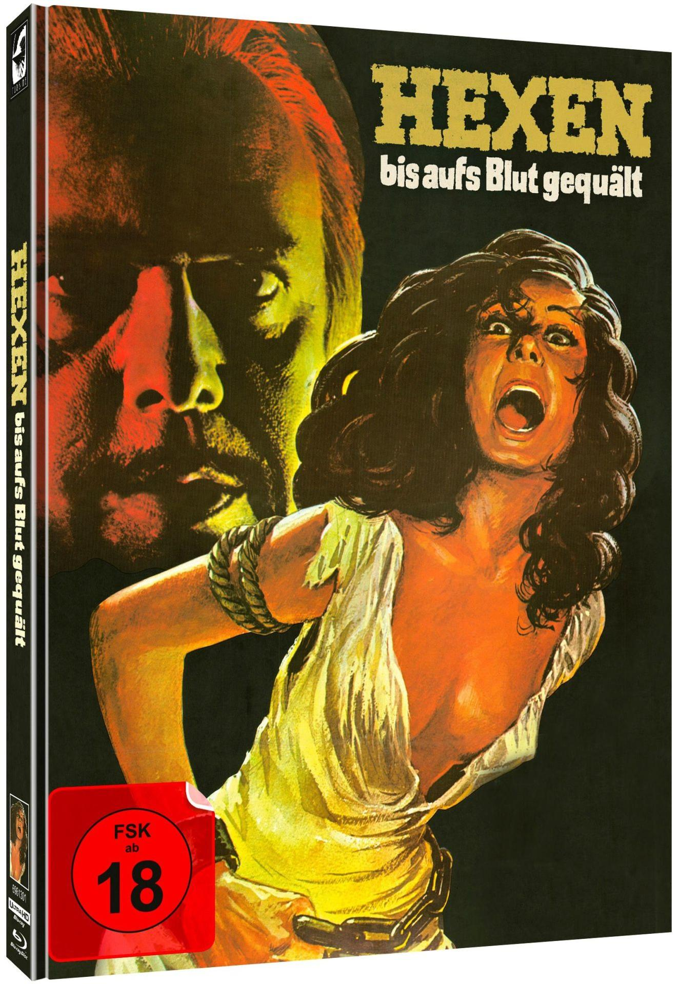 Filmcover von Hexen bis aufs Blut gequält mit einem verängstigten Gesicht im Hintergrund und einer schreienden Frau.