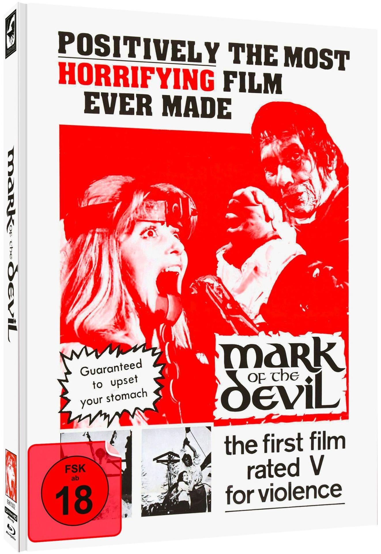 Blu-ray-Cover für Mark of the Devil mit einer schreienden Frau und einem Mann in rotem Farbton.