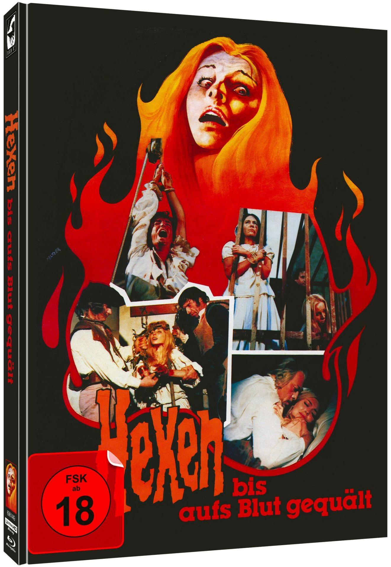 DVD-Cover für Hexen bis aufs Blut gequält mit schreiender Frau und Filmszenen in roten Flammen.