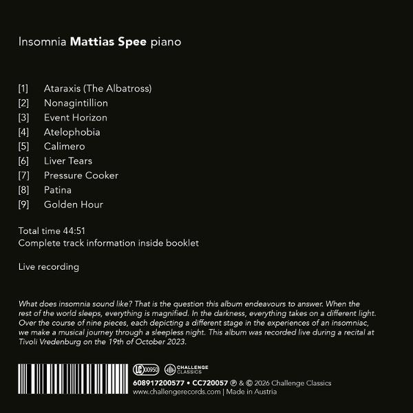 Titelliste von Mattias Spees Klavieralbum Insomnia mit neun Liedern und Begleittext auf schwarzem Grund.