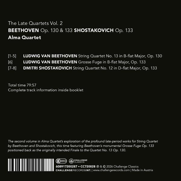 Rückseite des CD-Covers mit Trackliste von Alma Quartett, Beethoven und Schostakowitsch auf schwarzem Hintergrund.
