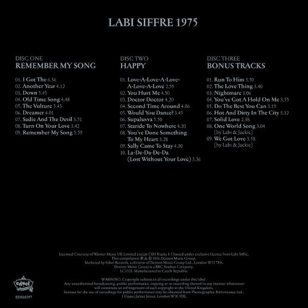 Tracklist der Labi Siffre 1975 CD-Box mit drei Discs auf schwarzem Hintergrund.