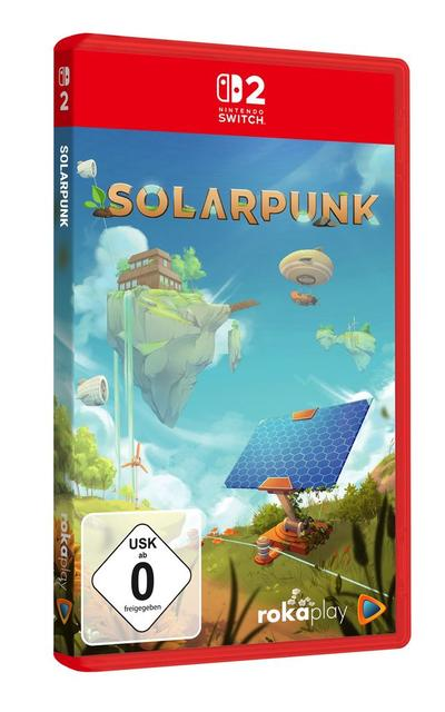Solarpunk-Spielhülle für Nintendo Switch mit einer schwebenden Insel und Solarpaneelen vor blauem Himmel.