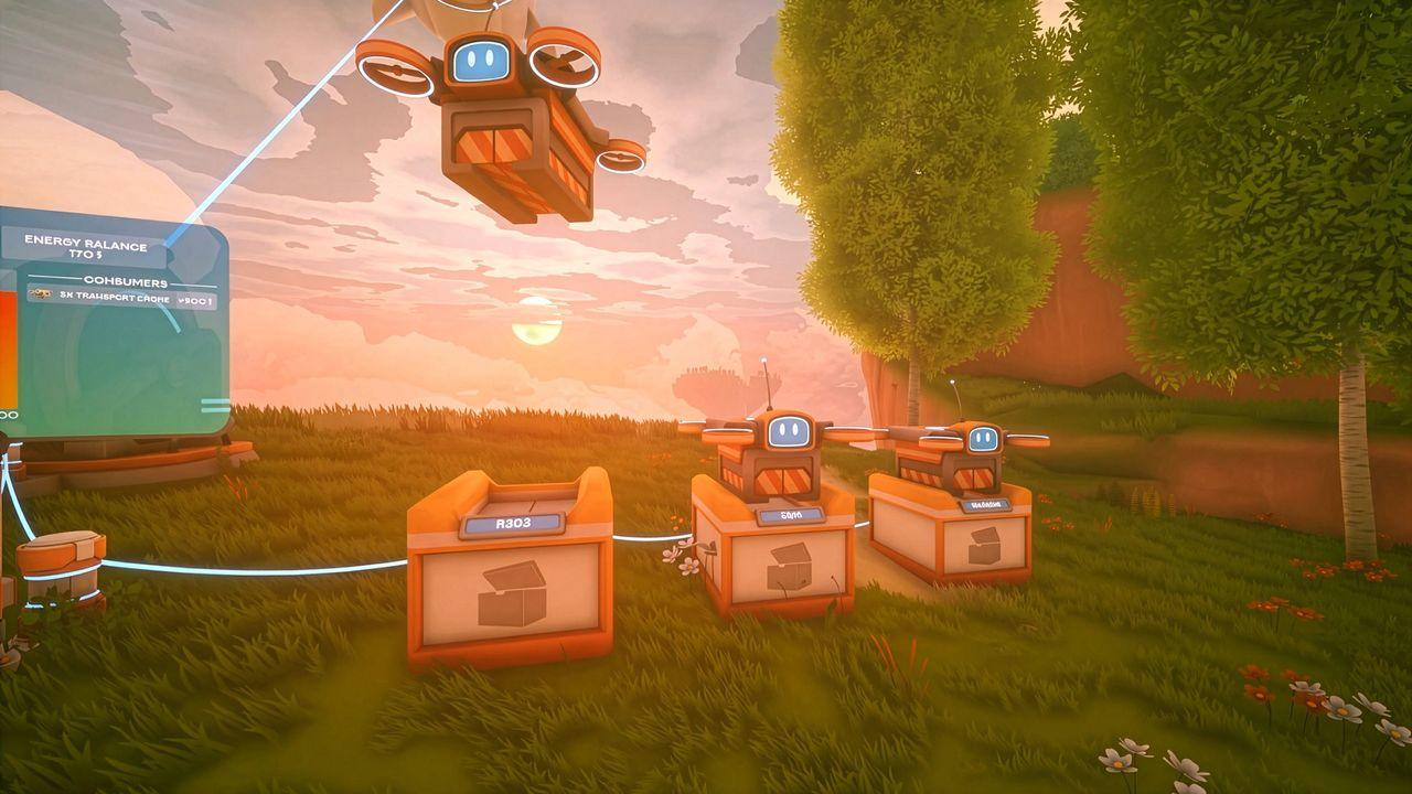 Roboter und Transportkisten auf einer blumigen Wiese bei Sonnenuntergang.