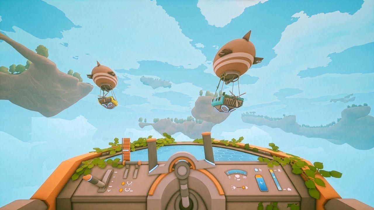Blick aus dem Cockpit eines Luftschiffs über schwebende Inseln mit anderen Ballons im blauen Himmel.