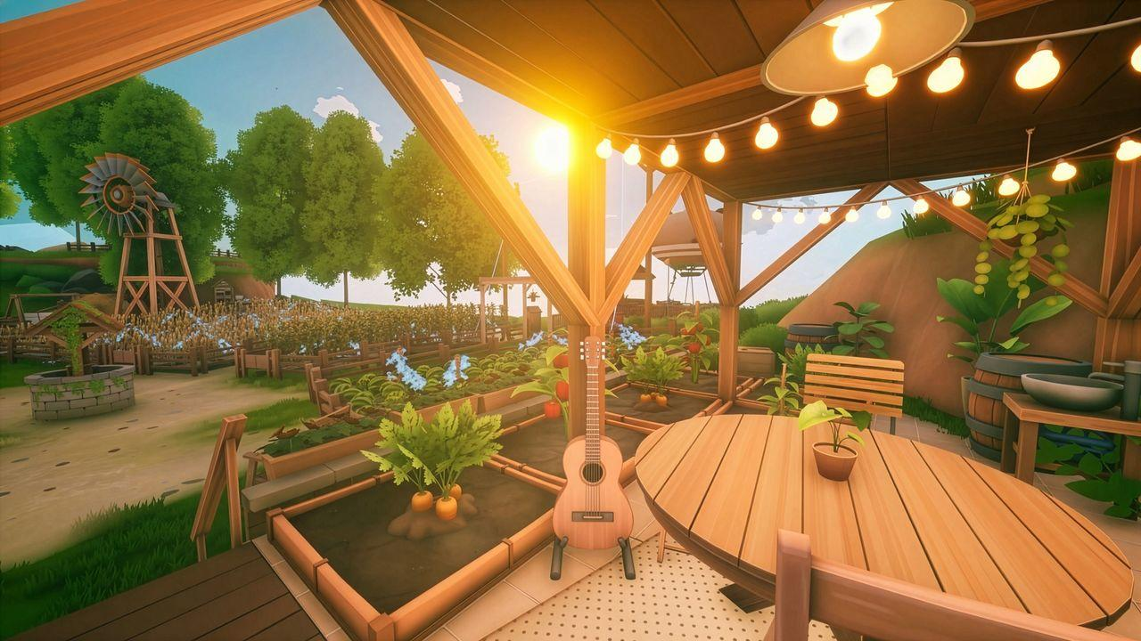 Sonnenbeschienene Veranda mit Tisch, Gitarre und Gemüsegarten mit einer Windmühle im Hintergrund.