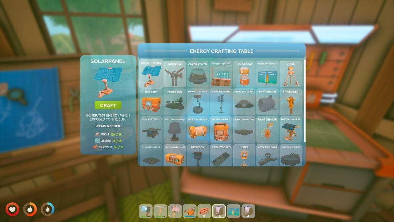 Ein In-Game-Menü mit dem Energie-Handwerkstisch, einem ausgewählten Solarmodul und benötigten Gegenständen.