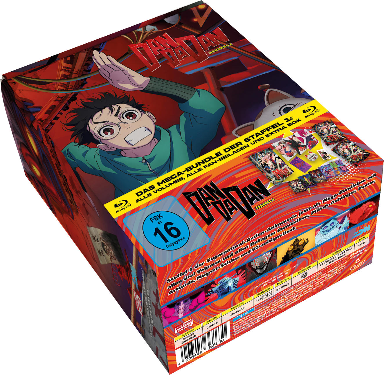 Dandadan Staffel 1 Blu-ray Mega-Bundle Box mit Anime-Charakteren, FSK 16 Logo und Extras.