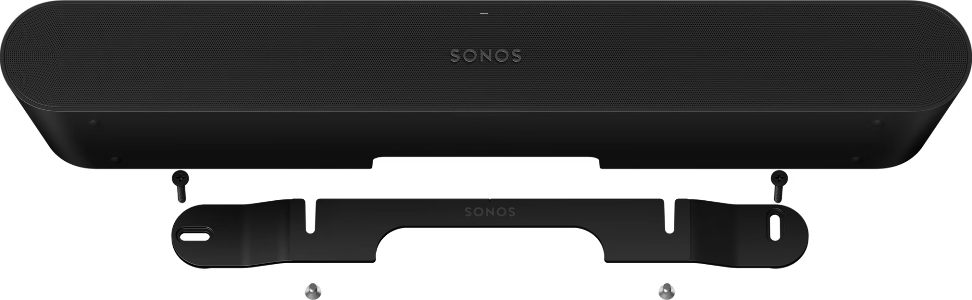 Une barre de son Sonos noire avec un support mural et des vis en dessous sur fond noir.