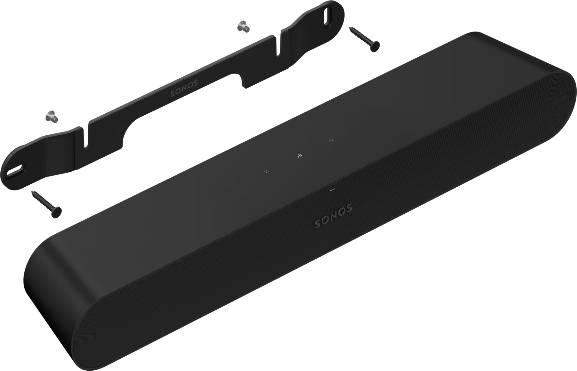 Barre de son Sonos noire avec support de fixation et vis sur fond noir.